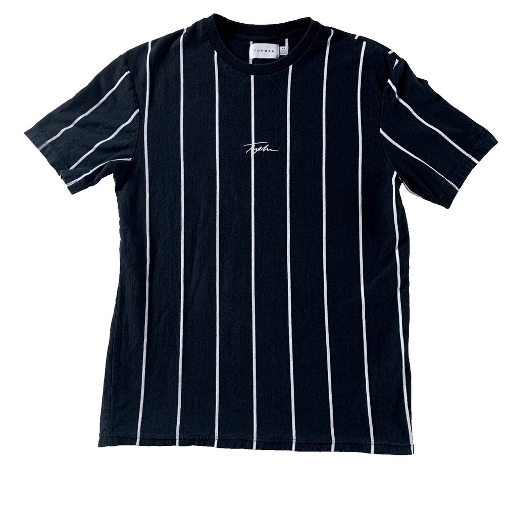 Topman Stripe T-Shirt Mens Black White Logo Short Sleeve XS‎